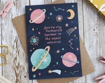 You're My Favourite Human in the Whole Universe Card | Watercolour Space Valentines Anniversary Card | A6 Blank Card | Eco Friendly