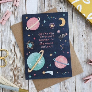 Eres mi ser humano favorito en todo el universo / Tarjeta de aniversario de San Valentín con acuarela espacial / Tarjeta en blanco A6 / Ecológica