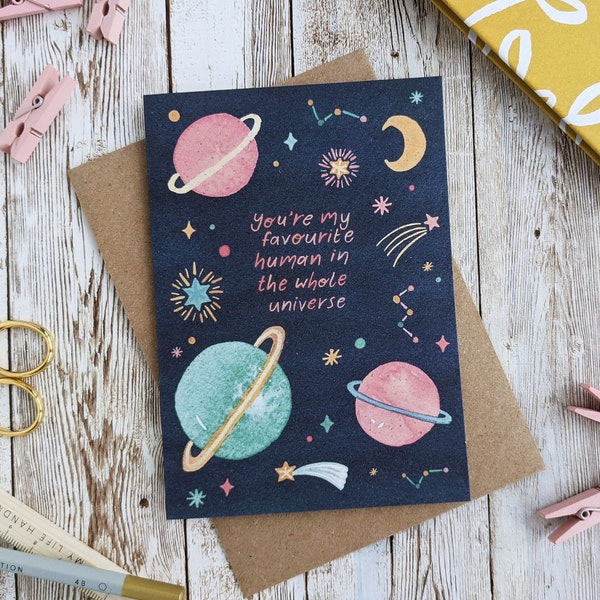 You're My Favourite Human in the Whole Universe Card | Watercolour Space Valentines Anniversary Card | A6 Blank Card | Eco Friendly