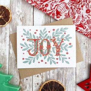 Carte de Noël de joie | Illustration d'art populaire peinte à la main | Carte vierge A6 | Simple ou lot de 5 | Sans plastique