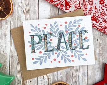 Peace Christmas Card | Hand Painted Folk Art Illustration | A6 Blank Card | Single or Set of 5 | Plastic Free