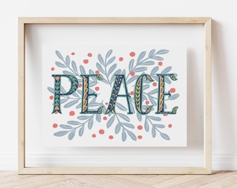 Peace Folk Art Christmas Print | Festive Wall Art | Eco Friendly Christmas Gift | A4 or A5