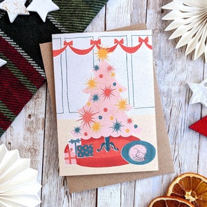 Carte de Noël douillette d'arbre de Noël de chat | Illustration rétro Mid-Century | Carte vierge A6 | A5 ou A6 | Respectueux de l'environnement sans plastique