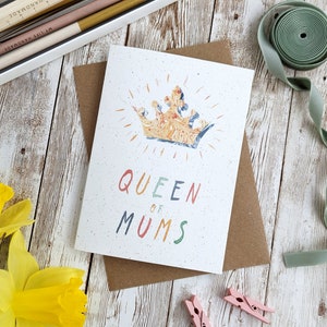 Rainha do cartão do dia das mães das mães | Cartão para mamãe | Design de colagem em aquarela pintado à mão | Cartão vazio A6 ou A5 | Plástico ecológico grátis