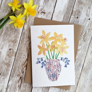 Narzissen-Bluebells-Frühlings-Blumenstrauß-Karte | Aquarell-Collage-Kunstwerk | Frühlingsblumenkarte | A6 oder A5 Blankokarte | Umweltfreundlich