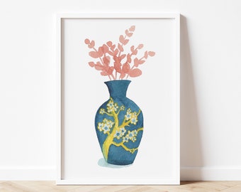 Vase d'eucalyptus rose Chine, impression aquarelle originale | Art mural peint à la main, décoration d'intérieur | Cadeau d'articles ménagers | Respectueux de l'environnement | Impression A4 ou A5