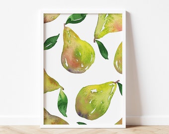 Aquarelle originale de poires | Décoration murale à motif de fruits peinte à la main | Respectueux de l'environnement sans plastique | Impression A5 ou A4