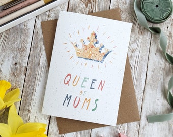 Queen of Mums Mother's Day Card | Card for Mum | Hand Painted Watercolour Collage Design | A6 or A5 Blank Card | Eco Friendly Plastic Free