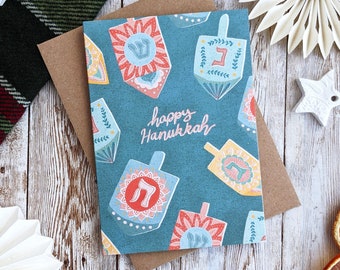 Happy Hanukkah Dreidels Card | Chag Sameach | Chanukah Jewish Holiday Card | Single or Pack of 5 | A6 Blank | Eco Friendly Plastic Free