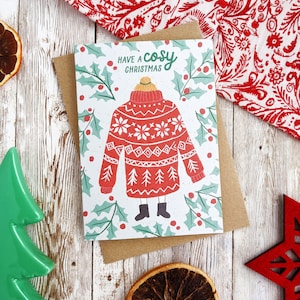 Avere un accogliente biglietto natalizio con maglione / Illustrazione dipinta a mano / Biglietto vuoto A6 / Singolo o set da 5 / Senza plastica