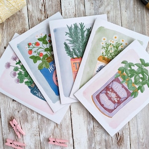Multipack de cartões de lata de ervas vintage aquarela | Pacote com 5 ou 10 | Cartões em branco A6 | Cartões de felicitações ecológicos sem plástico