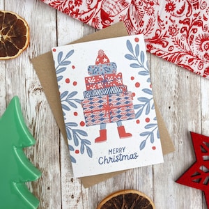 Vrolijke kerstkaart met stapel cadeautjes | Handgeschilderde illustratie | A6 blanco kaart | Enkel of set van 5 | Kunststofvrij