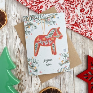 Joyeux Noel | Karta świąteczna Dala Horse | Pusta karta A6 | Pojedyncza lub zestaw 5 | Bez plastiku