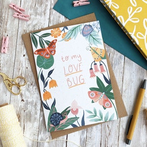Al mio insetto d'amore / Insetti della giungla Foglie e insetti Biglietto di anniversario di San Valentino / Biglietto vuoto A6 o A5 / Ecologico