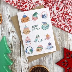 Joyeux Noël carte de vœux | Carte de Noël mignonne de chat | Illustration peinte à la main | Carte vierge A6 | Simple ou lot de 5 | Sans plastique