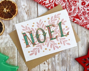 Noel Christmas Card | Hand Painted Folk Art Illustration | A6 Blank Card | Single or Set of 5 | Plastic Free