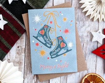 Folk Ice Skates Christmas Card | Retro Midcentury Illustration | A6 Blank Card | A5 or A6 | Plastic Free Eco Friendly