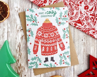 Have a Cosy Christmas Jumper Card | Hand Painted Illustration | A6 Blank Card | Single or Set of 5 | Plastic Free