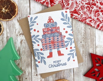 Pilha do Feliz Natal de presentes de <br> Entrega Rápida? Ilustração pintada à mão | Cartão vazio A6 | Único ou conjunto de 5 | Sem plástico