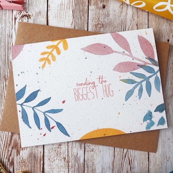 Sending the Biggest Hug Card | Hand Painted Watercolour Leaves | A6 or A5 Blank Card | Eco Friendly Plastic Free Card