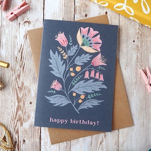 Folk Kunst Blumen alles Gute zum Geburtstag Karte | Blank A6 pr A5 Karte | Handgemaltes Gouache-Design | Umweltfreundliche, plastikfreie Grußkarte