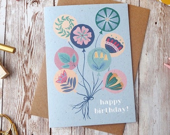 Folk Art Balloons Happy Birthday Card | Blank A6 or A5 Card | Hand Painted Gouache Design | Eco Friendly Plastic Free Greetings Card