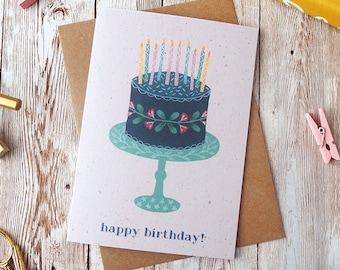 Folk Art Birthday Cake Happy Birthday Card | Blank A6 or A5 Card | Hand Painted Gouache Design | Eco Friendly Plastic Free Greetings Card