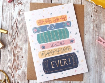 Best Teacher Ever | Thank You Teacher Card | Stack of Books | A6 or A5 Blank Card | Eco Friendly Plastic Free