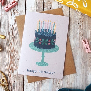 Carte de joyeux anniversaire de gâteau d'anniversaire d'art populaire | Carte vierge A6 ou A5 | Gouache peinte à la main | Carte de voeux écologique sans plastique