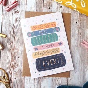 Beste leraar ooit | Bedankt leraar kaart | Stapel boeken | A6 of A5 blanco kaart | Milieuvriendelijk, plasticvrij