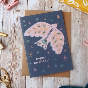 Volkskunst-Vogel-Alles Gute zum Geburtstagskarte | Leere A6- oder A5-Karte | Handbemaltes Gouache-Design | Umweltfreundliche, plastikfreie Grußkarte