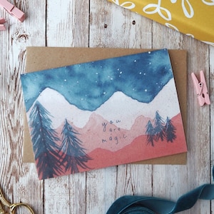 Vous êtes magique | Montagnes du ciel nocturne | Carte de Saint-Valentin | Format A6 ou A5 | Aquarelle | Carte vierge A6 | Respectueux de l'environnement