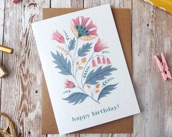 Folk Art Flowers Happy Birthday Card | Blank A6 or A5 Card | Hand Painted Gouache Design | Eco Friendly Plastic Free Greetings Card