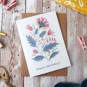 L'art populaire fleurit la carte de joyeux anniversaire | Carte vierge A6 ou A5 | Gouache peinte à la main | Carte de voeux écologique sans plastique