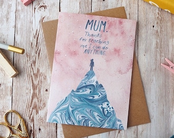 Mama, danke, dass du mir beigebracht hast, dass ich alles kann | Muttertagskarte | Marmorierende Aquarell-Collage | A6 oder A5 Blankokarte | Umweltfreundlich