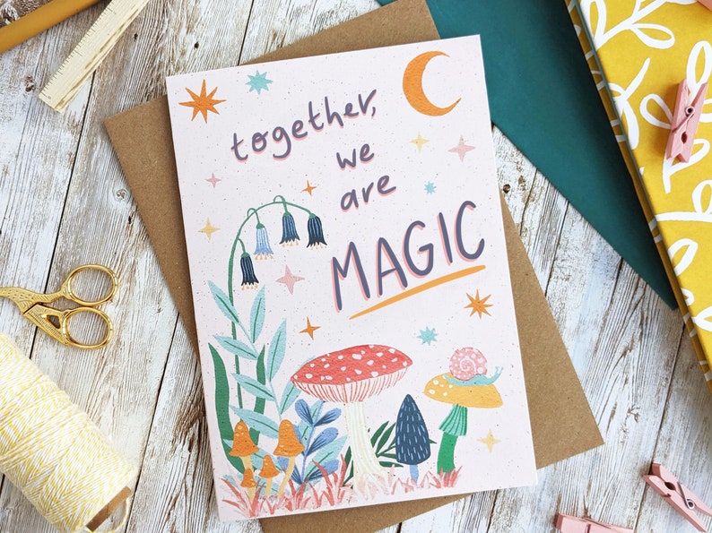 Together We Are Magic Mystic Celestial Mushrooms Valentines Anniversary Card Moon Stars A6 or A5 Blank Card Eco Friendly image 2