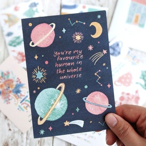 You're My Favourite Human in the Whole Universe Card Watercolour Space Valentines Anniversary Card A6 Blank Card Eco Friendly image 2