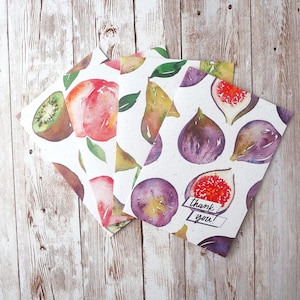 Biglietti di ringraziamento con frutta / Confezione da 4 / Fichi Pesche Pere Kiwi / Acquerello dipinto a mano / Carte vuote A6 / Biglietti ecologici