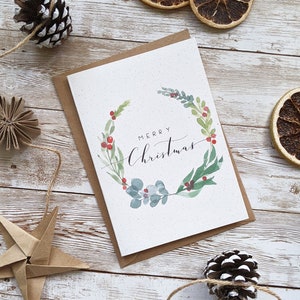 Cartão de Natal da grinalda do Feliz Natal | Caligrafia em aquarela pintada à mão | Único ou pacote de 5 | A6 em branco | Plástico ecológico grátis