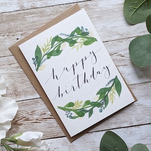 Happy Birthday Botanical Wreath Card | Pack of 1 or 5 | Hand Painted Watercolour Calligraphy | A5 or A6 Blank Card | Eco Friendly