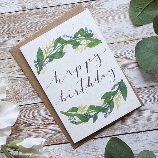 Happy Birthday Botanical Wreath Card | Pack of 1 or 5 | Hand Painted Watercolour Calligraphy | A5 or A6 Blank Card | Eco Friendly