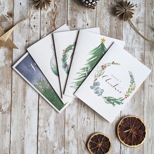 Feestelijke kerstkaartcollectie | Set van 5 of 10 handgeschilderde aquarelkaarten | Blanco A6-kaarten | Milieuvriendelijke kerstkaart