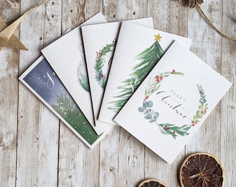 Collezione di biglietti di Natale con fogliame festivo / Set di 5 o 10 biglietti acquerellati dipinti a mano / Biglietti vuoti A6 / Biglietto di Natale ecologico