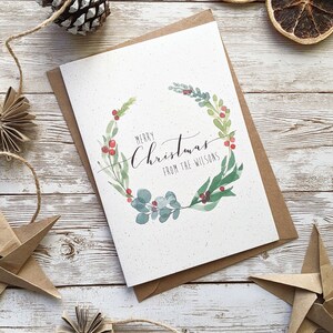 Biglietto personalizzato con ghirlanda di buon Natale / Biglietto singolo o confezione da 5 o 10 / Calligrafia ad acquerello / A6 vuoto / Senza plastica ecologica