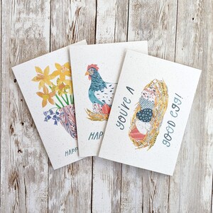Osterkarten Multipack | 3, 6 oder 9 Karten | Aquarell-Collage-Designs | Hühnereier Narzissen Kunstwerk | A6 Blankokarten | Umweltfreundlich