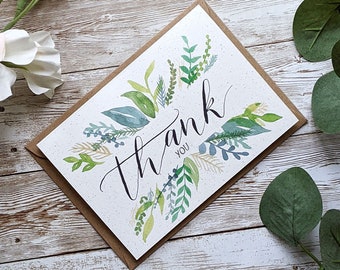 Leafy Botanical Thank You Card | Set of 1 or 5 | Hand Painted Watercolour Design | A6 or A5 Blank Card | Eco Friendly Plastic Free