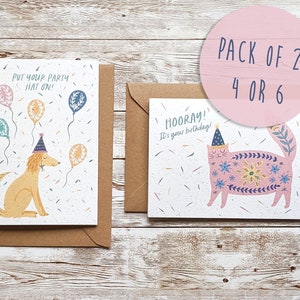 Ensemble de fêtards | Lot de 2, 4 ou 6 cartes d'anniversaire | Chat et chien | Emballage multiple de cartes peintes à la main | Carte vierge A6 | Respectueux de l'environnement, sans plastique
