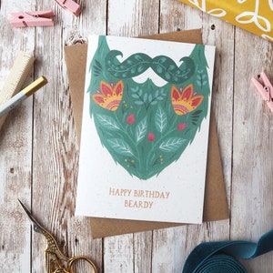 Alles Gute zum Geburtstag Beardy | Geburtstagskarte | Blanko A6 oder A5 Karte | Handgemaltes Gouache-Design | Umweltfreundliche, plastikfreie Grußkarte