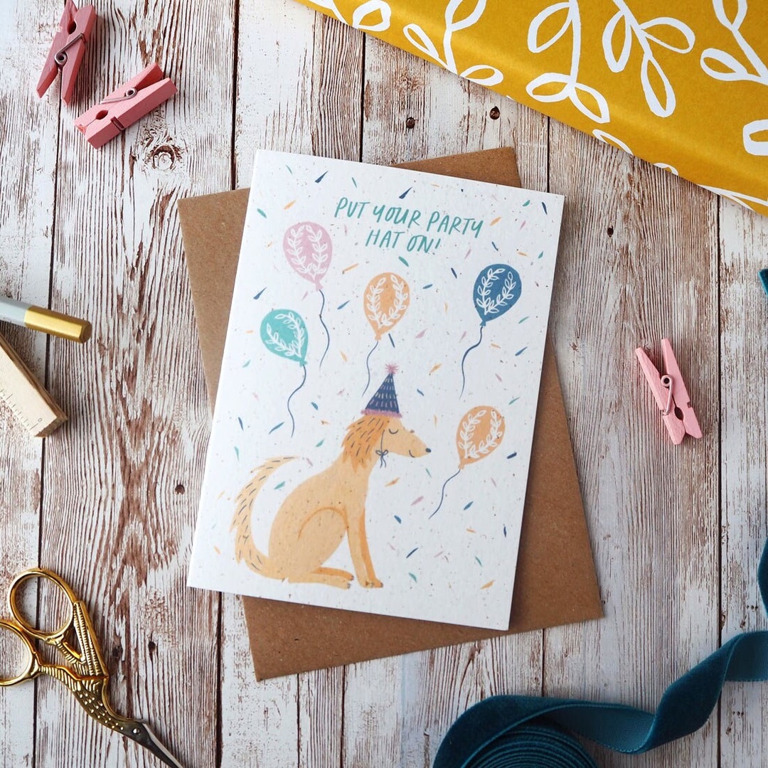 Put Your Party Hat on Dog Birthday Card | Blank A6 or A5 Card | Hand ...