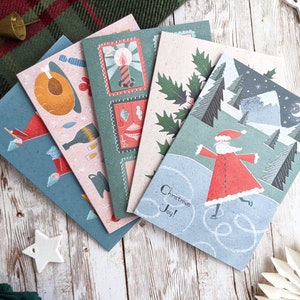 Pack de variétés de cartes de Noël rétro | Ensemble de 5, 10 ou 20 cartes de Noël du milieu du siècle | Cartes vierges A6 | Cartes de Noël écologiques